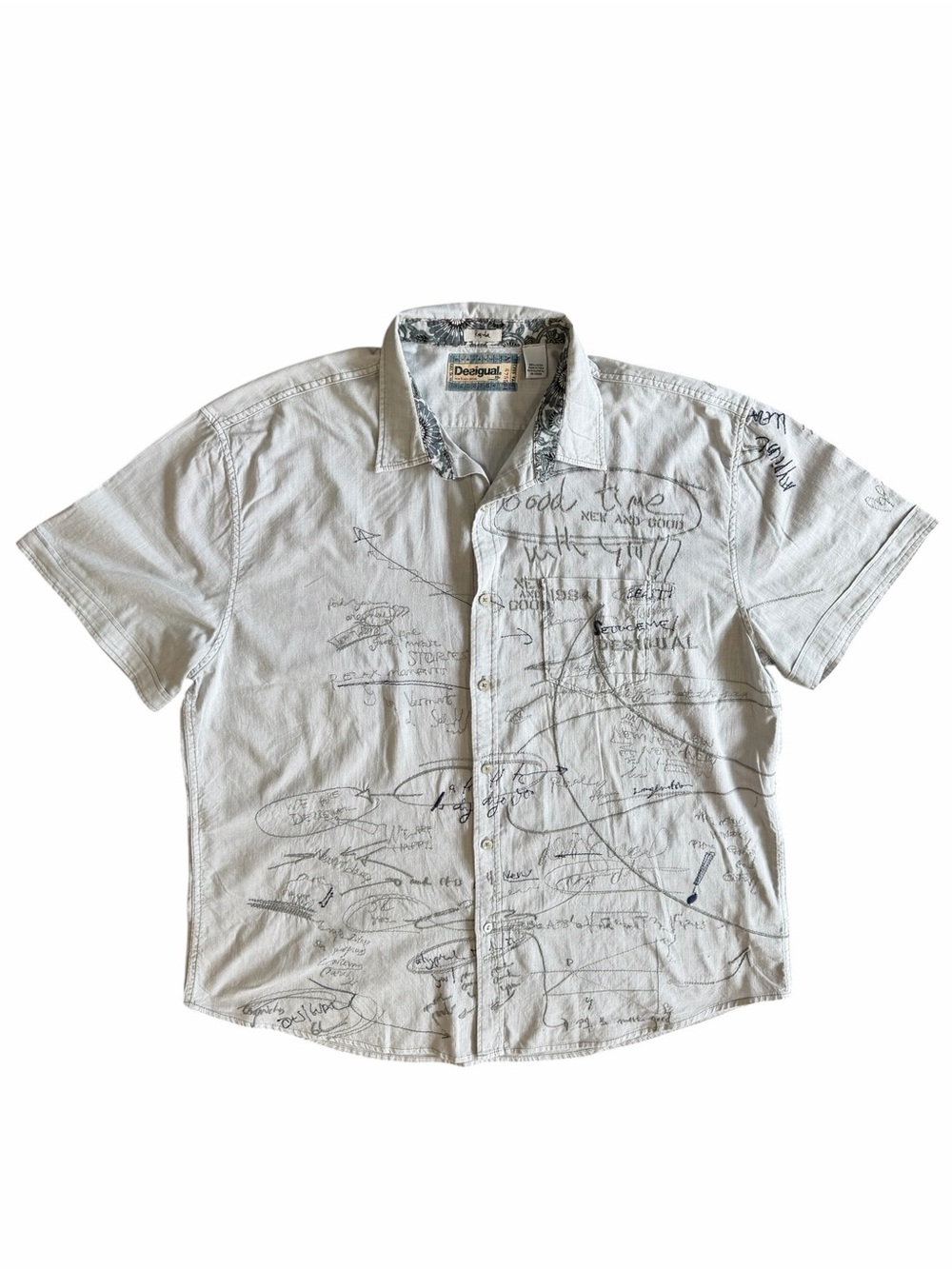 Desigual‎ Graphic Script Art Button Front Shirt Light Gray Size L or XL